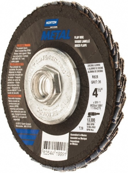 Flap Disc: 5/8-11 Hole, 36 Grit, Zirconi